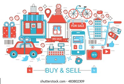 Modern Flat thin Line design Buy and sell concept for web banner website, presentation, flyer and poster