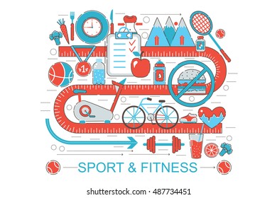 Modern Flat thin Line design healthy fitness and sport concept for web banner website, presentation, flyer and poster