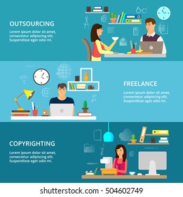 Modern flat thin line design vector illustration, concepts of outsourcing, freelance and copyrighting process, for graphic and web design