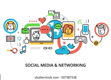 Diseño moderno de línea delgada ilustración vectorial, concepto de medios sociales, noticias en línea y blogueo, para diseño gráfico y web