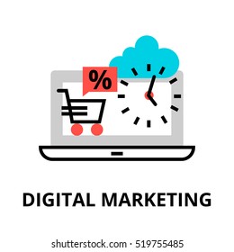 Modern flat thin line design vector illustration, concept of digital marketing, internet marketing idea and new market trends analysis, for graphic and web design