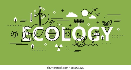 Modern flat thin line design vector illustration, infographic concept of ecology problem, generation and saving green energy in greenery color, for graphic and web design.