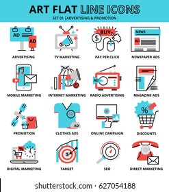 Modern flat thin line design vector illustration, set of advertising and marketing icons, for graphic and web design.
