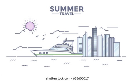 Modern flat thin line design Hero image, concept of travelling, journey, sailing to other countries, easy to use and highly customizable. Modern vector illustration concept