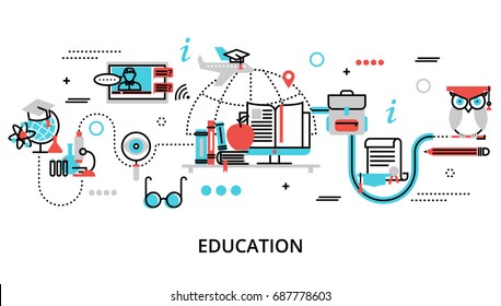 Modern flat thin line design vector illustration, concept of education process, learning in educational institution and items of study equipment, for graphic and web design