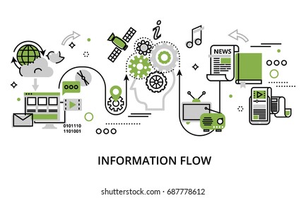 Modern Flat Thin Line Design Vector Illustration, Concept Of Information Flow, For Graphic And Web Design