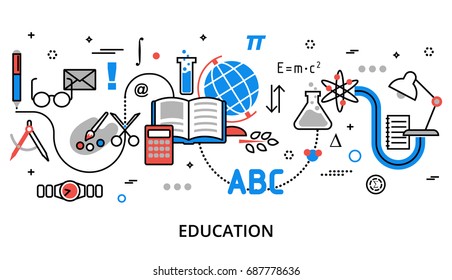 Moderno projeto de linha fina plana ilustração vetorial, conceito de processo educacional, aprendizagem em instituição educacional e itens de equipamento de estudo, para design gráfico e web