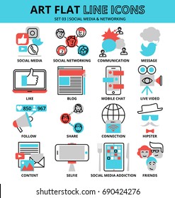 Modern flat thin line design vector illustration, set of social media and networking icons, for graphic and web design