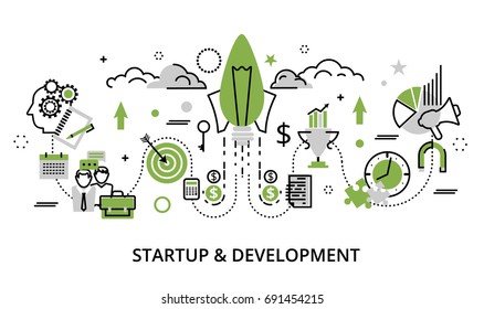 Modern flat thin line design vector illustration, greenery concept of startup project, business strategy and innovation development, for graphic and web design