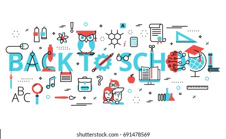 Modern flat thin line design vector illustration, concept of education process with words back to school, for graphic and web design