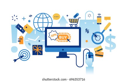 Modern flat thin line design vector illustration, infographic concept of online business, internet marketing idea, office and finance objects on modern background for graphic and web design.