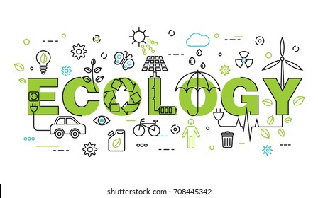 Modern flat thin line design vector illustration, infographic concept of ecology problem, generation and saving green energy in greenery color, for graphic and web design.