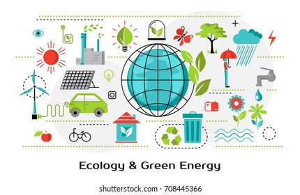 Modern flat thin line design icon, vector illustration, infographic concept of ecology, saving nature and alternative energy  for graphic and web design.