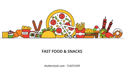 Modern flat thin line design vector illustration, concepts of unhealthy fast food and snacks, for graphic and web design