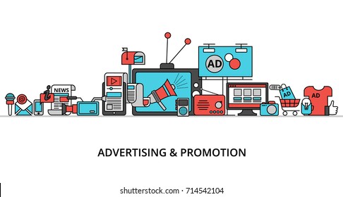 Modern flat thin line design vector illustration, concept of advertising, marketing and promotion process, for graphic and web design - Shutterstock ID 714542104