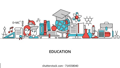 Modern flat thin line design vector illustration, concept of education process, learning in educational institution and items of study equipment, for graphic and web design