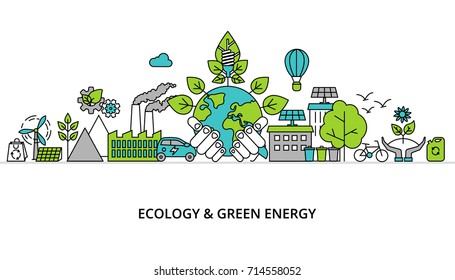 Modern flat thin line design vector illustration, infographic concept of ecology problem, generation and saving green energy  for graphic and web design