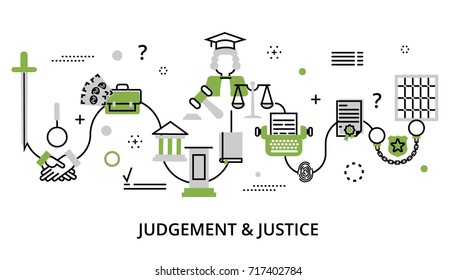 Modern flat thin line design vector illustration, greenery concept of judgment process, protection of human rights and ordinances of justice, for graphic and web design