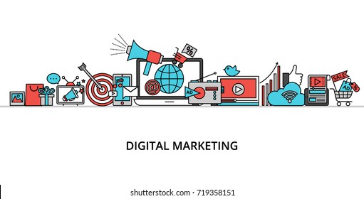 Modern flat thin line design vector illustration, concept of digital marketing, internet marketing idea and new market trends analysis for graphic and web design