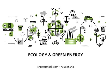 Modern flat thin line design vector illustration, infographic concept of ecology problem, generation and saving green energy  for graphic and web design