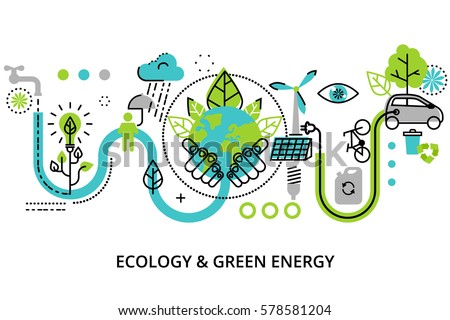 Modern flat thin line design vector illustration, infographic concept of ecology problem, green energy and alternative fuel, for graphic and web design