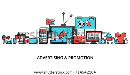 Modern flat thin line design vector illustration, concept of advertising, marketing and promotion process, for graphic and web design