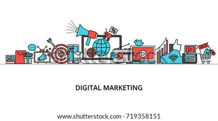 Modern flat thin line design vector illustration, concept of digital marketing, internet marketing idea and new market trends analysis for graphic and web design