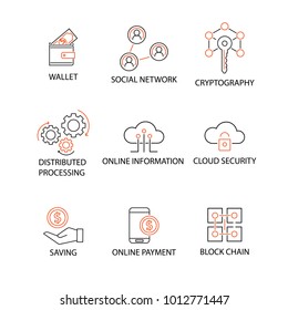 Modern Flat Thin Line Icon Set In Concept Of Online Information With Word Wallet,Social Network,Cryptography,Distributed Processing,Cloud Security,Saving,Online Payment,Block Chain. Editable Stroke.