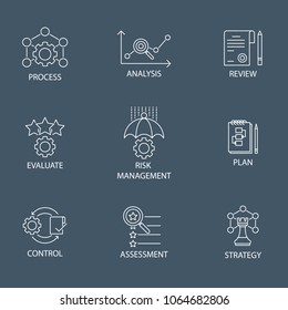 Modern Flat Thin Line Icon Set In Concept Of Risk Management With Word Strategy,Risk Management,Assessment,Plan,Control,Review,Evaluate,Analysis,Process. Editable Stroke.