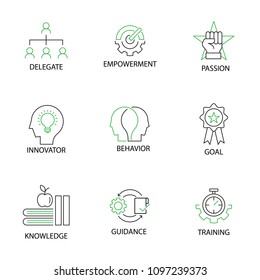 Modern Flat thin line Icon Set in Concept of Mentoring and Coaching with word Delegate,Empowerment,Passion,Innovator,Behavior,Goal,Knowledge,Guidance,Training. Editable Stroke.