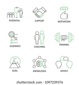 Modern Flat Thin Line Icon Set In Concept Of Mentoring And Coaching With Word Potential,Support,Motivation,Guidance,Coaching,Training,Goal,Knowledge,Advice. Editable Stroke.