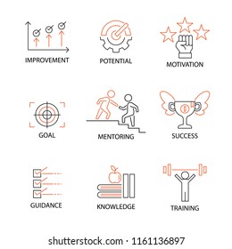 Modern Flat thin line Icon Set in Concept of Mentoring and Coaching with word Improvement,Potential,Motivation,Goal,Mentoring,Success,Guidance,Knowledge,Training. Editable Stroke.