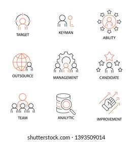 Modern Flat thin line Icon Set in Concept of Business and Human Management with word Target,Keyman,Ability,Outsource,Management,Candidate,Team,Analytic,Improvement. Editable Stroke.