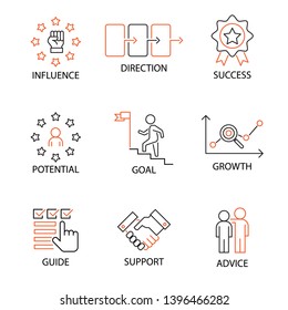 Modern Flat thin line Icon Set in Concept of Mentoring and Coaching with word Influence,Direction,Success,Potential,Goal,Growth,Guide,Support,Advice. Editable Stroke