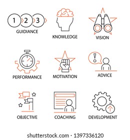 Modern Flat thin line Icon Set in Concept of Mentoring and Coaching with word Guidiance,Knowledge,Vision,Performance,Motivation,Advice,Objective,Coaching,Development. Editable Stroke