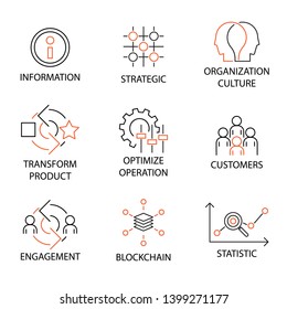 Modern Flat thin line Icon Set in Concept of Digital Transformation with word Information,Strategic,Organization Culture,Product,Optimize Operation,Customers,Engagement,Blockchain,Statistic. Editable 