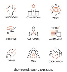 Modern Flat thin line Icon Set in Concept of Business and Management with word Innovation, Competition, Vision, Objective, Customers, Assessment, Target, Team, Cooperation. Editable Stroke