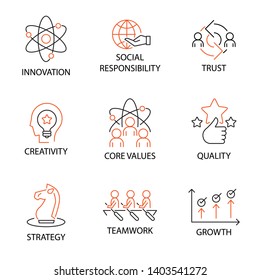 Modern Flat Thin Line Icon Set In Concept Of Business Core Values With Word Innovation,Social Responsibility,Trus,Creativity,Corevalue,Quality,Strategy,Teamwork,Growth. Editable Stroke