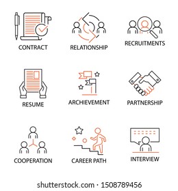 Modern Flat thin line Icon Set in Concept of Business and Recruitment with word Contract,Relationship,Recruitment,Resume,Archievement,Partnership,Cooperation,Career path,Interview. Editable Stroke