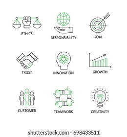 Modern Flat Thin Line Icon Set In Concept Of Business Core Values With Word Ethics,Responsibility,Goal,Trust,Innovation,Growth,Customer,Teamwork,Creativity.Editable Stroke.