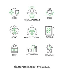 Modern Flat Thin Line Icon Set In Concept Of Quality Control Process With Word Check,Risk Management,Speed,Doing,Quality Control,Planing,Cost,Action Team,Efficiency.Editable Stroke.