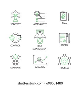 Modern Flat thin line Icon Set in Concept of Risk Management with word Strategy,Risk Management,Assessment,Plan,Control,Review,Evaluate,Analysis,Process. Editable Stroke.
