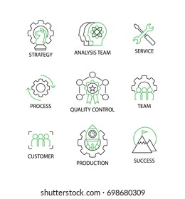 Modern Flat thin line Icon Set in Concept of Quality Control Process with word Strategy,Analysis Team,Service,Process,Quality Control,Team,Customer,Production,Success.Editable Stroke.