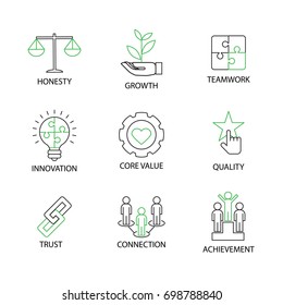 Modern Flat thin line Icon Set in Concept of Business Core Values with word Honesty,Growth,Teamwork,Innovation,Core Value,Quality,Trust,Connection,Achievement.Editable Stroke.