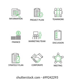 Modern Flat thin line Icon Set in Concept of Project Management with word Discussion,Project Plan,Strategy plan,Marketing Team,Finance,Information,Teamwork,Meeting,Corporate.Editable Stroke.