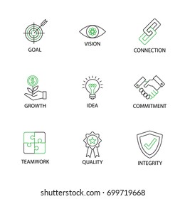 Modern Flat Thin Line Icon Set In Business Core Values With Word Key Goal,Vision,Connection,Growth,Idea,Commitment,Teamwork,Quality,Integrity.Editable Stroke.