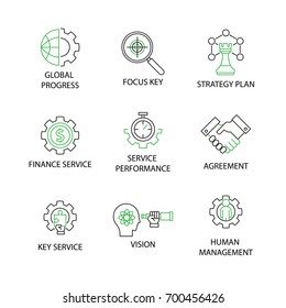 Modern Flat Thin Line Icon Set In Concept Of Business And Management With Word Human Management, Focus Key,Key Service,vision,Finance Service,Global Progress,Strategy Plan,Agreement. Editable Stroke.