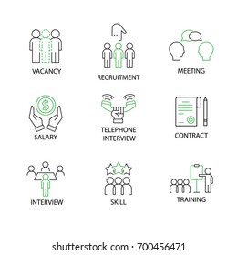 Modern Flat thin line Icon Set in Concept of Human and Resource Management  with word vacancy,meeting,recruitment,telephone interview,salary,contract,skill,training. Editable Stroke.