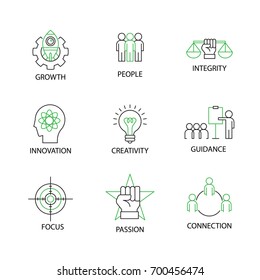 Modern Flat Thin Line Icon Set In Concept Of Business Core Values With Word Growth,People,Integrity,Innovation,Creativity,Guidance,Focus,Passion,Connection.Editable Stroke.