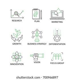 Modern Flat thin line Icon Set in Concept of Business Strategy with word Research,plan,Marketing,Growth,Business Strategy,Differentiation,Innovation,Vision,Focus Group.Editable Stroke.